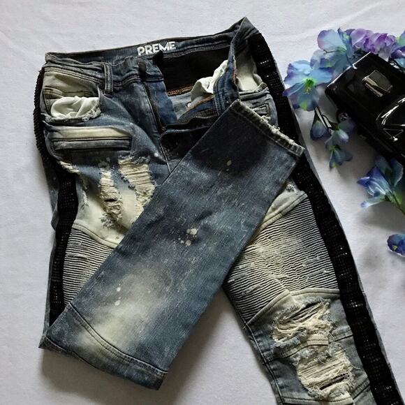 Preme NWOT Medium Stone Wash Distressed Skinny Jean Men 32 - Picture 6 of 10